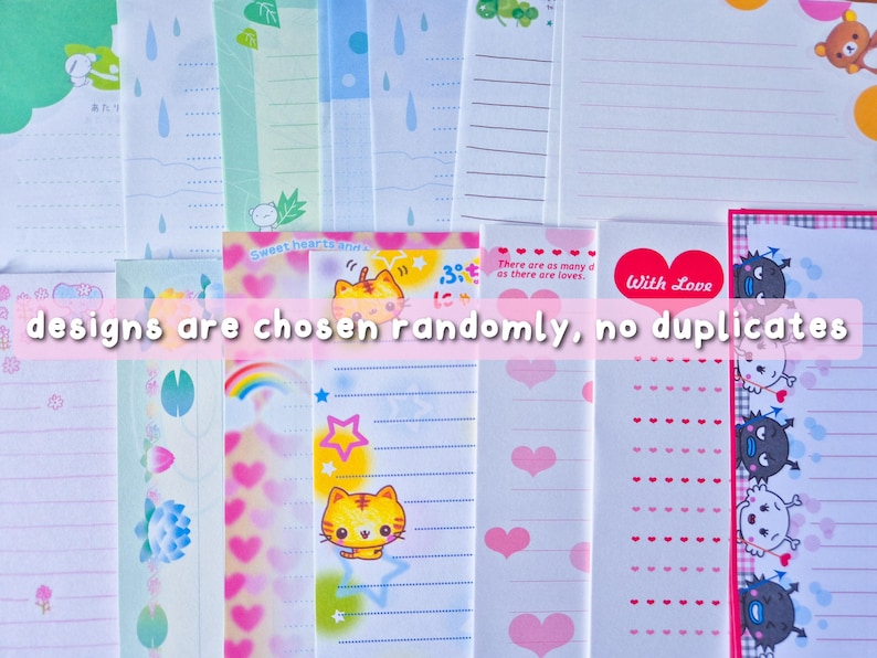 Puede incluir: Una colecci&oacute;n de hojas de papeler&iacute;a coloridas con varios dise&ntilde;os, incluyendo corazones, gatos y arco&iacute;ris. El texto "designs are chosen randomly, no duplicates" es visible. Las hojas tienen secciones rayadas y sin rayas.