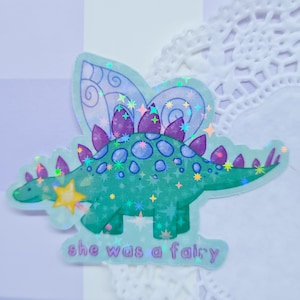 Fairysaurus Sticker | Kawaii Dinosaur Stationery, Holographic Bullet Journal Sticker Stationary Stegosaurus, Fairycore Magic, Sparkly, Dino