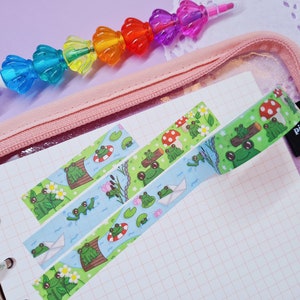 Taśma Washi Froschitape - do Bullet Journal, Planner, Penpals, Snail Mail - artykuły papiernicze kawaii, żaba, grzyb, rdzeń chaty 15 mm x 10 m