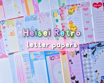 May include: A collection of colorful letter papers with various designs, including hearts, cats, and rainbows. The text "Heisei Retro letter papers" is displayed across the image. The papers are lined and feature pastel colors.
