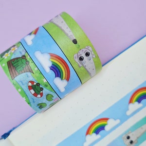 Washi Tape Set -3 rolls- for Bullet Journal, Planner, Penpals, Snail Mail - kawaii stationery set, frog, rainbow, long dog 15mm x 10m