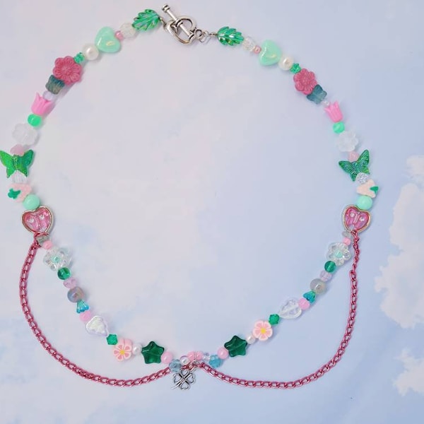 Garden Fairy Beaded Necklace - Fairycore, Cottagecore, Kawaii, Y2K, Coquette, Czech Glass Beads, Butterfly, Aesthetic, Tulip, Flower