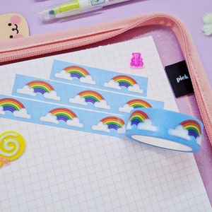 3D Rainbow Washi Tape- voor Bullet Journal, Planner, Penpals, Snail Mail - kawaii briefpapier, regenboog, trots, lucht, wolken 15 mm x 10 m