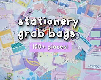 100+ Pieces Stationery Grab Bags with Custom Packaging for Bullet Journal, Scrapbook, Penpaling - Kawaii Stationery, Sticker Flakes, Memos