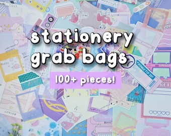 May include: A selection of stationery items, such as stickers and cards, in a colourful arrangement. The image features the text "stationery grab bags" and "100+ pieces!". The items have a pastel colour scheme.