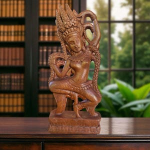 Vintage Hand-Carved Wooden Cambodian Dancing Apsara Statue   Southeast Asia