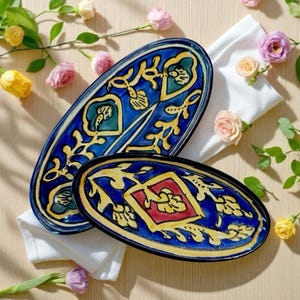 Hand-Painted Tunisian Ceramic Dishes: Cobalt Blue Floral Design, Set of 2