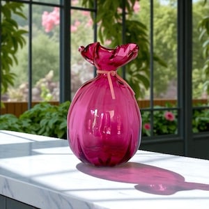 Vintage Handmade Pilgrim Cranberry Glass Sack Vase | Ribbed Body & Ruffled Top | 6.5&quot; Tall
