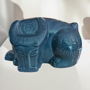 Vintage Mottled Blue  Sleeping Water Buffalo Figurine Boho Floral Ceramic Floral