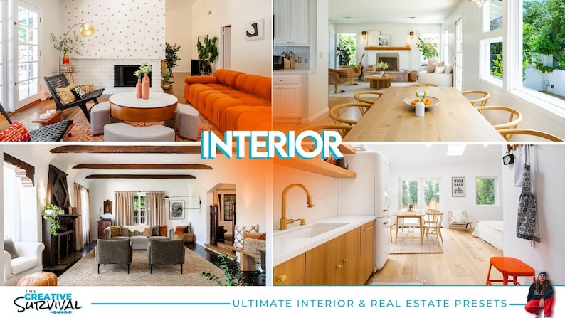 May include: A collage of four interior design photos showcasing different rooms in a home. The photos include a living room with an orange sofa, a dining room with a wooden table and chairs, a kitchen with white cabinets and a gold faucet, and another living room with a fireplace and a green plant.