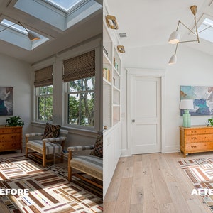 May include: A before and after image showing the difference in lighting in a room. The before image shows a room with a lot of natural light coming in from the windows and skylights. The after image shows the same room with the lights turned on, making the room brighter and more evenly lit. The room features a wooden dresser, two chairs, a rug, and a painting on the wall.
