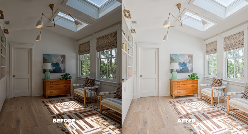 May include: A before and after image showing the difference in lighting in a room. The before image shows a room with a lot of natural light coming in from the windows and skylights. The after image shows the same room with the lights turned on, making the room brighter and more evenly lit. The room features a wooden dresser, two chairs, a rug, and a painting on the wall.