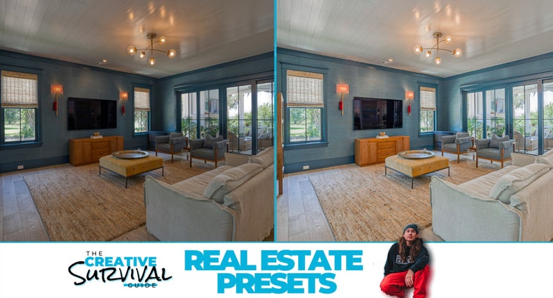 May include: A living room with a blue wall, a large TV, a couch, two chairs, and a coffee table. The room has a large window with a view of a green lawn. The text "REAL ESTATE PRESETS" is visible in the bottom center of the image.