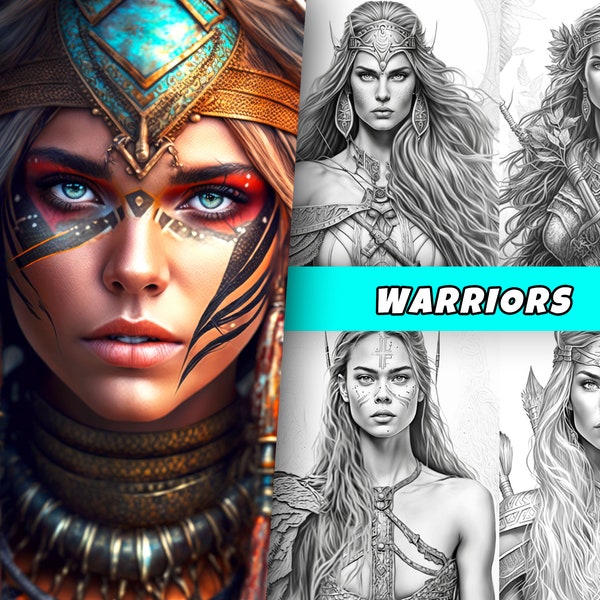Warrior Women Coloring Pages , Adults + kids Women Coloring Book - Instant Download - Grayscale Coloring Page , Printable PDF