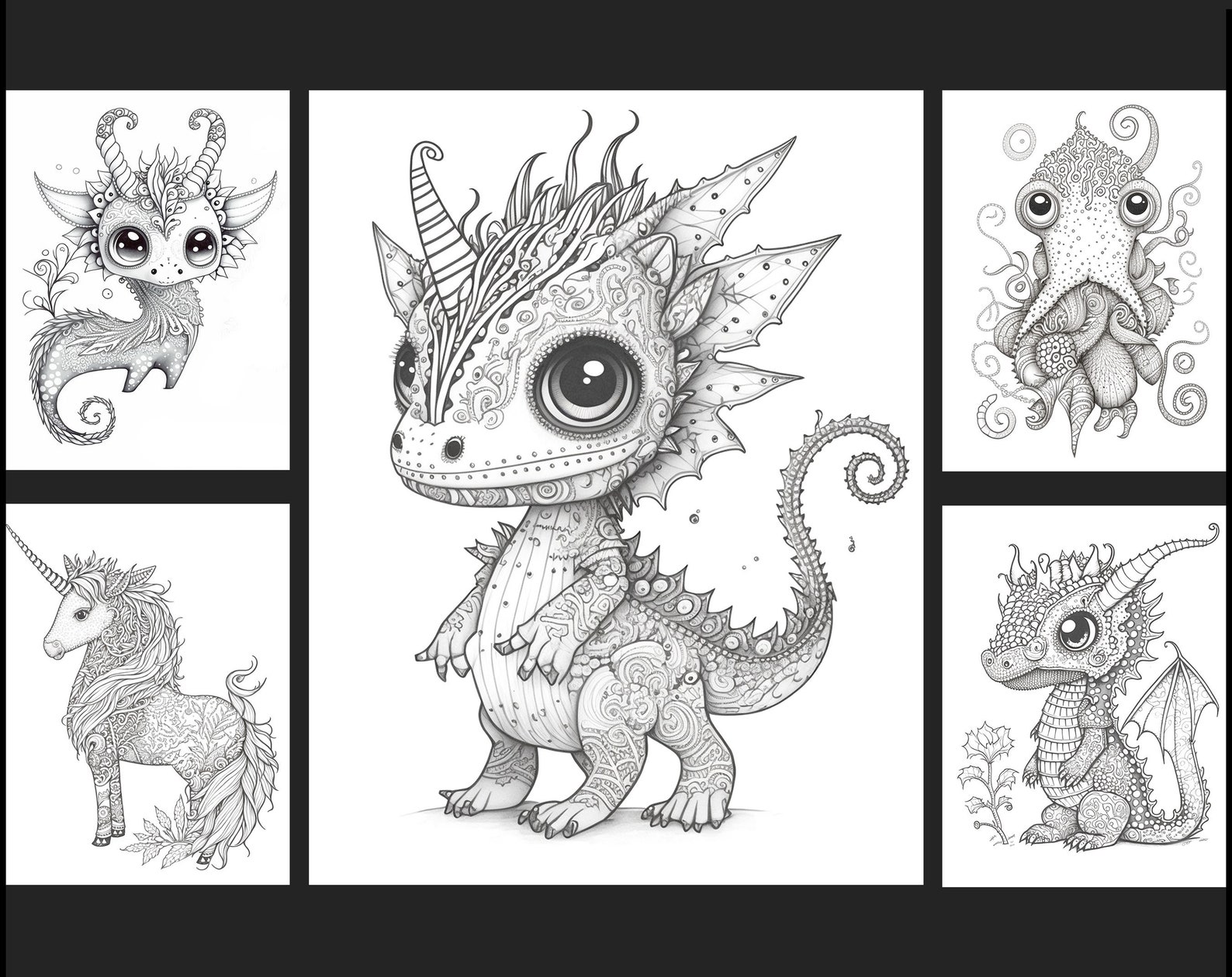 20 Coloring Pages Fantasy Animals Doodles Coloring Book, Adults Kids