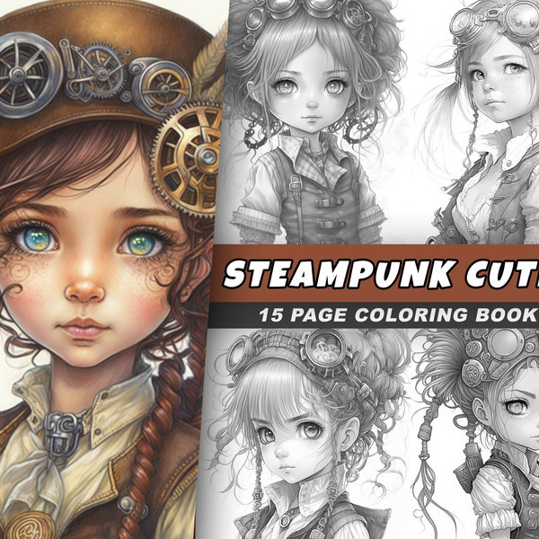 Steampunk Cuties Coloring Pages , Adults + kids Coloring Book - Instant Download - Grayscale Coloring Page , Printable PDF