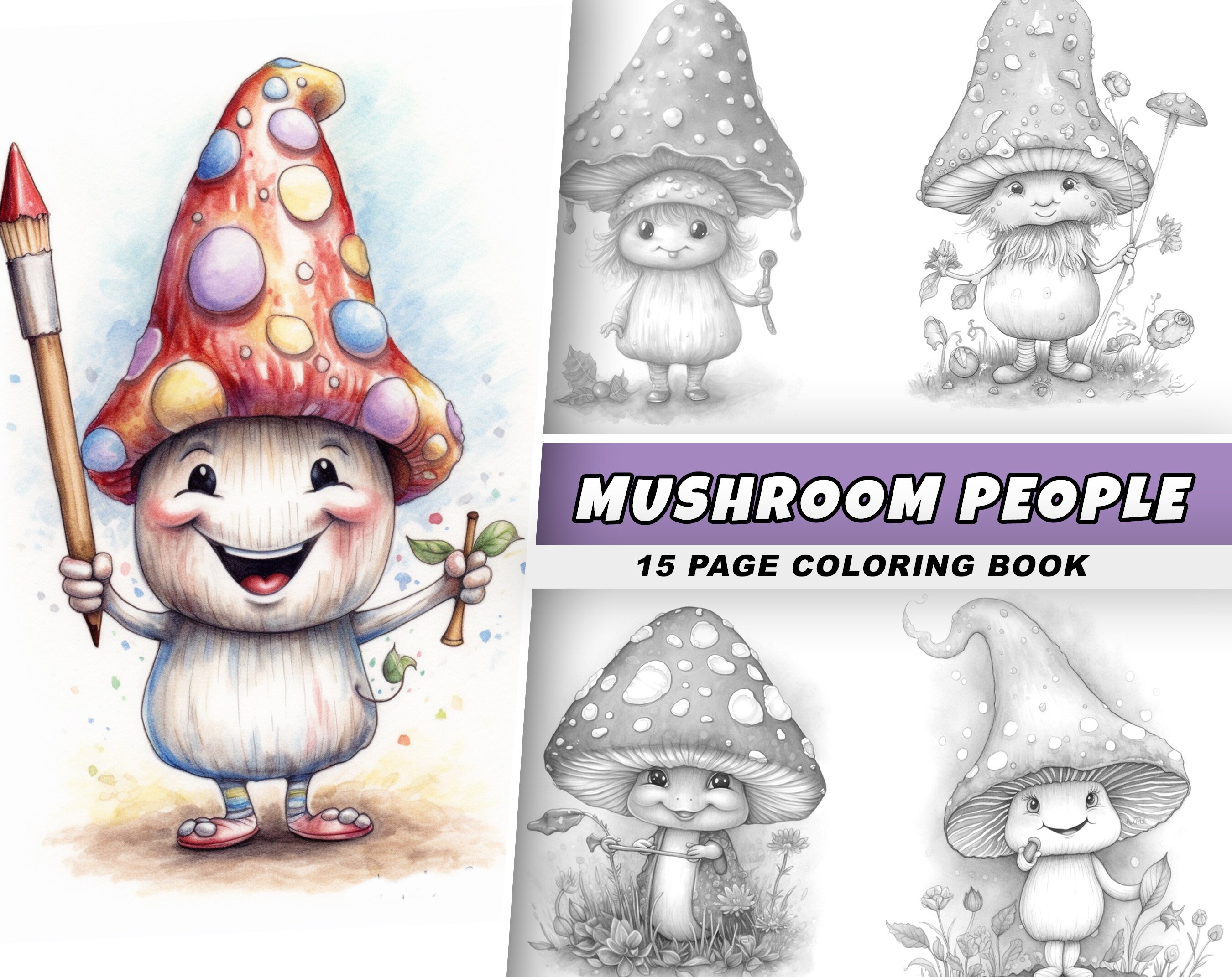 Mushroom People Coloring Pages Adults Kids Women Coloring - Etsy
