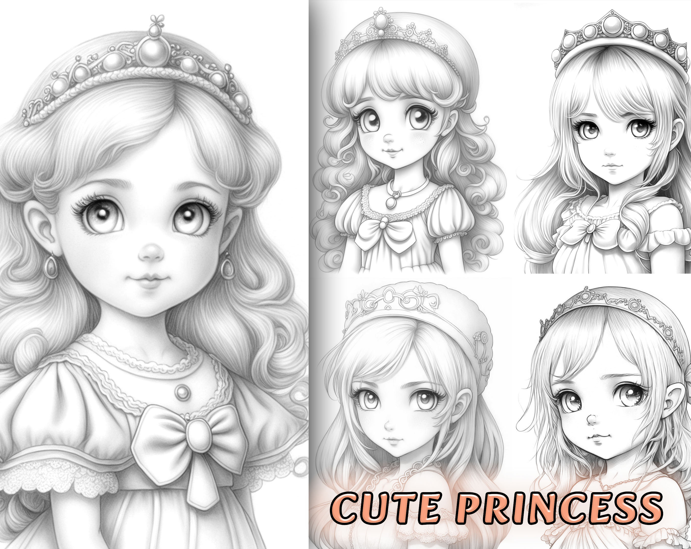 25 Cute Princess Coloring Pages , Adults Kids Coloring Book Instant