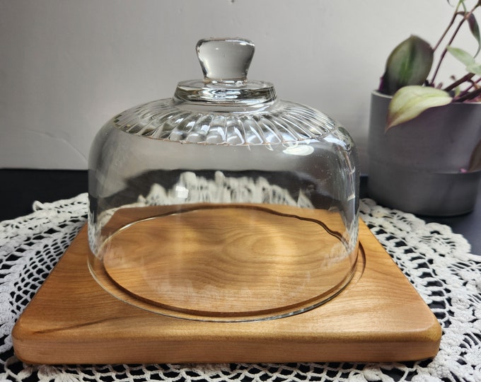 Vintage Arc France Cheese Board Maple or Ash with Clear Glass Cloche Dome Cover