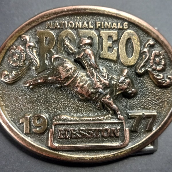 NFR 1977 Vintage Belt Buckle Commemorative PRCA (Professional Rodeo Cowboys' Association) Hesston Farm Equipment Heavy Cast Bronze Limited