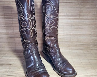 Vintage The Sanders Cowgirl Boots Brązowa skóra bydlęca Ręcznie robione w Meksyku 8 rzędów ściegu