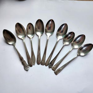 May include: Eight silver spoons displayed on a white surface. The spoons have varying handle designs, some with floral patterns. The spoons reflect the surrounding environment. The spoons are of different sizes.