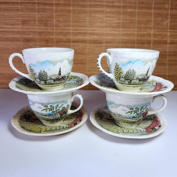 Alfred Meakin Home Pastures Teacup Saucer Set of 4 Staffordshire 