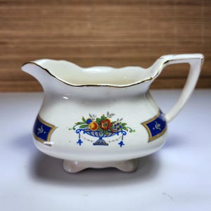 Myott Staffordshire Pitcher Creamer MYO100 Fruit in Urn Blue Band Scalloped Bone China Transferware Gold Lustre Rim