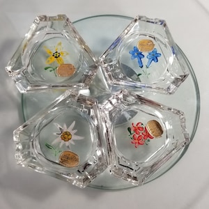 Floral Ashtrays Set of 4 Bohemia Glass Individual Personal Ashtray Collection Floral Design Hexagon Shape Collectible