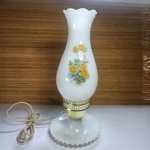 Hurricane Lamp Vintage Electric White Milk Glass Floral Tabletop or Bedside Lamp Cottage Chic