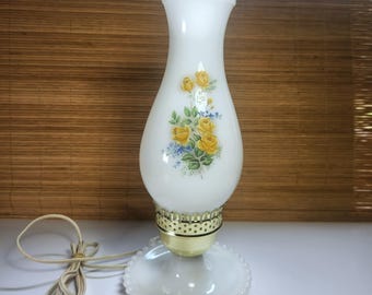 Vintage Hurricane Lamp Electric White Milk Glass Floral Tabletop or Bedside Lamp Cottage Chic