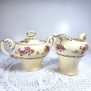 Myott Staffordshire Cream and Sugar Set Pink & Yellow Floral Black Embossed Trim England