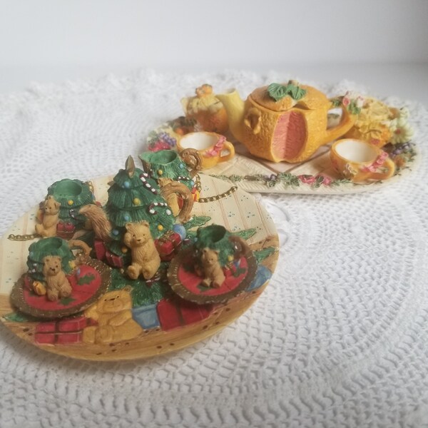 Vintage Mini Resin Tea Sets Christmas Bear Set and Orange and Worm Set Lot of 2