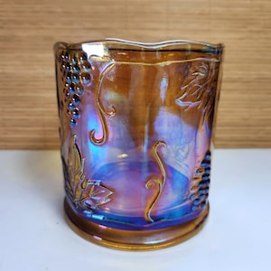 Vintage Carnival Glass Jar Iridescent Amber Indiana Glass Harvest Grape Design