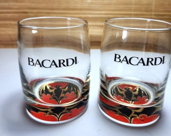 Bacardi Rum Glass Bacardi Bat Logo Lot of 2 Weighted Lo-ball