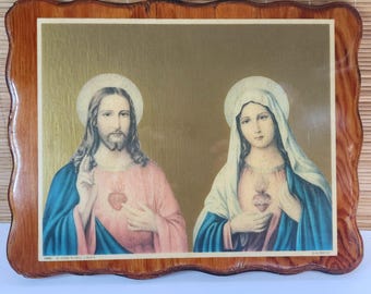 Vintage Italian Sacred Heart Jesus Mary Wood Plaque Ed G.M. Milano Italy