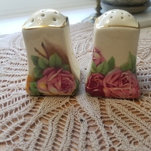 Rose Floral Salt and Pepper Shakers with Stoppers Rose Floral Design Gold Trim Vintage Porcelain