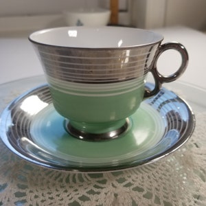 N & C Teacup and Saucer Set Japan Green White and Silver Vintage