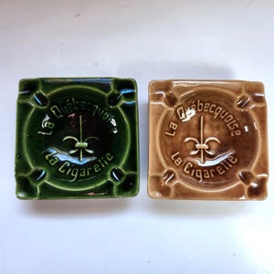 Vintage Beauceware Ashtray Pair: Brown Green Ceramic La Québécoise Set (3.5")