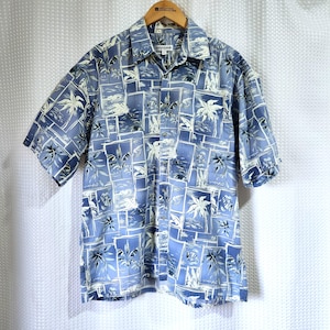 Vintage Pierre Cardin Hawaiian Shirt L Blue Palm Tree Camp Button Down Cotton