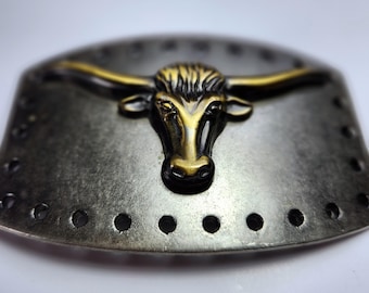 Hebilla de cinturón vintage con forma de toro Longhorn, tono plata y oro, estilo vaquero occidental, accesorio de metal.