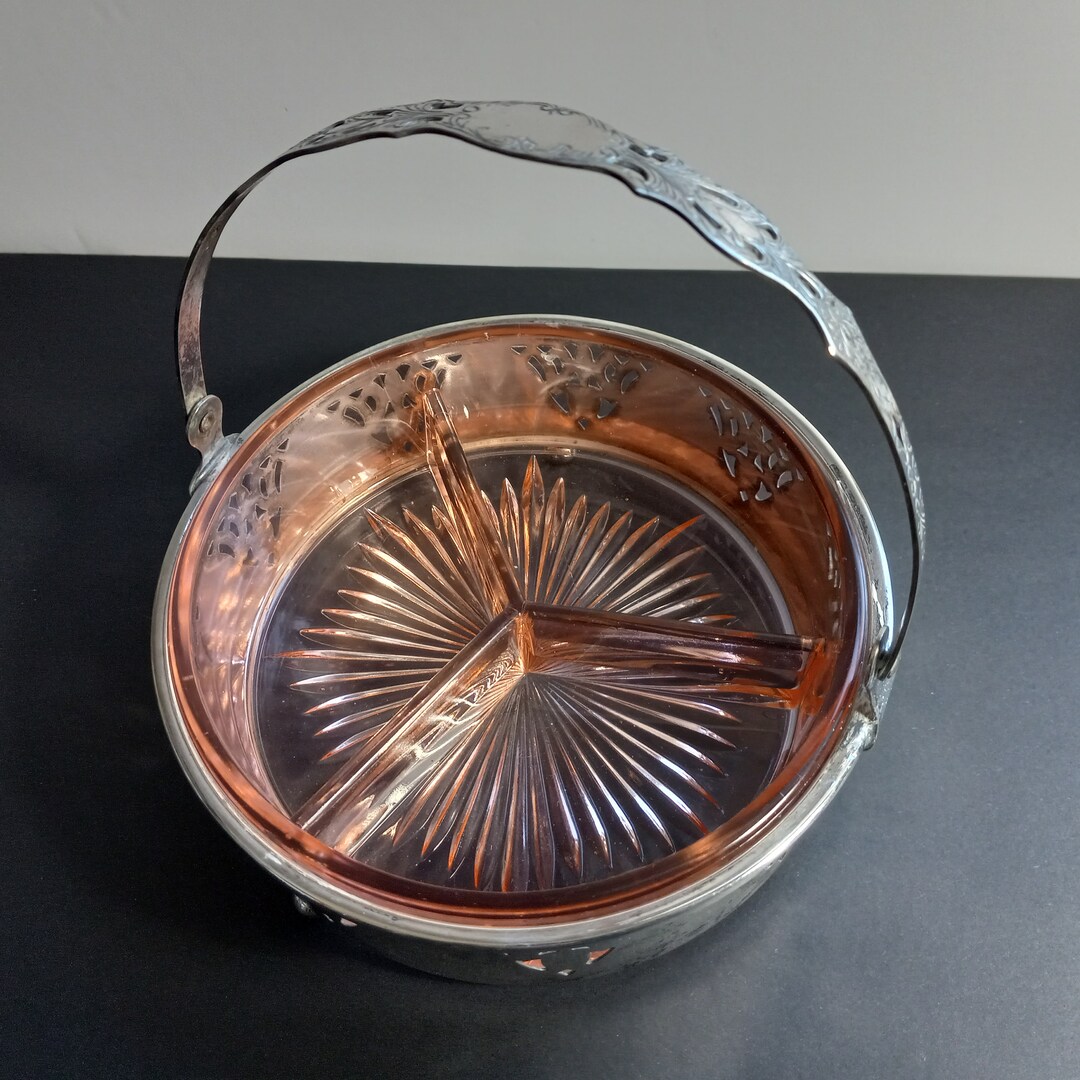 Vintage Pink Depression Glass Relish or Pickle Server, Silver Plated ...