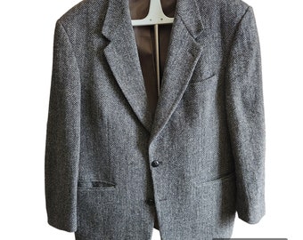 Harris Tweed Sport Mantel Blazer 42 Schwarz Grau Herringbone Jacke 100% Schottische Wolle