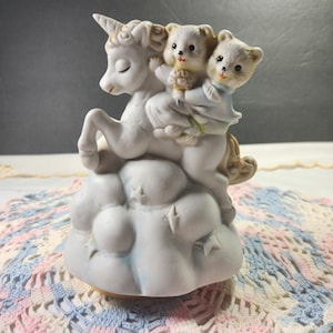 Vintage Music Box Unicorn with Teddy Bear Ceramic Rotating Music Box Twinkle Little Star