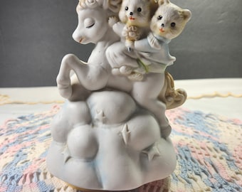 Vintage Unicorn with Teddy Bear Ceramic Rotating Music Box Twinkle Little Star