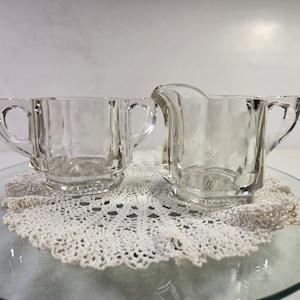 Cream and Sugar Set Vintage Hexagon Heavy Glass Starburst Bottom Frosted Etched Flowers