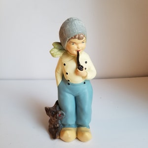 Dutch Boy Figurine Statuette with Pipe and Dog 9” Tall Mid Century Vintage 1950s Chalkware Home Decor