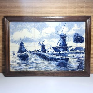 Vintage Delft Tile Framed Tray 6 Hand Painted Ceramic Tiles Boat Lighthouse Ocean Water Scene Cottagecore