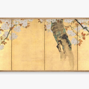 Samsung Frame TV Art | Antique Japanese Gold Folding Screen Art | Japanese Cherry Tree Blossom | Gilded Screen Painting | Luxe TV 193