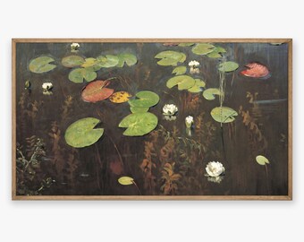 May include: A painting of a pond with lily pads and white water lilies. The water is dark green and the lily pads are a variety of shades of green. The water lilies are white with yellow centers.